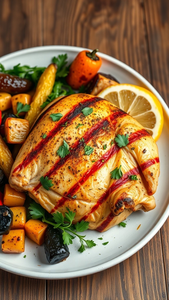 Grilled chicken seasoned with herbs, served with roasted vegetables and lemon on a rustic table.
